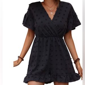 Chigant Women Swiss Dot V Neck Flare Short Sleeve Ruffled